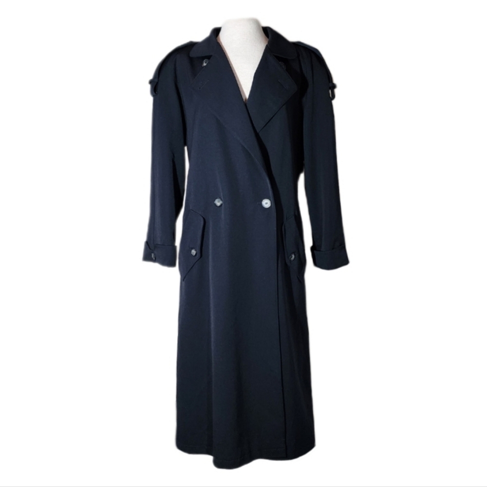 Evan-Picone Coat Double Breasted 100% Wool Trench Black Size L - Picture 4 of 16
